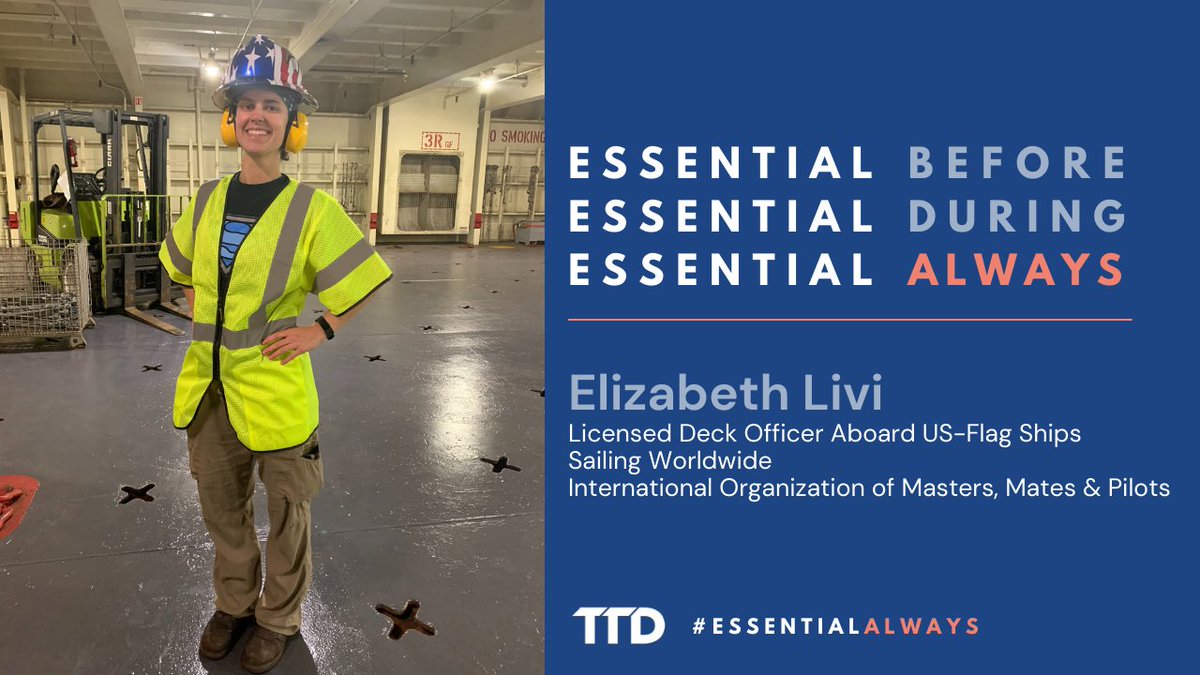 TTDAFLCIO's tweet photo. As Third Mate, Elizabeth Livi is responsible for the safety of deck operations on US-flag ships sailing around the world. Her work and the work of her crew help power our economy and make life here at home possible. Thank you, Elizabeth. #EssentialAlways @MMP_Union @USDOT https://t.co/oQYGnstan3