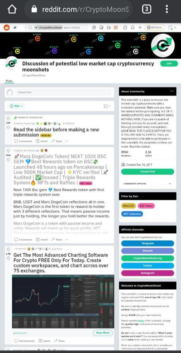 🚨Mars Dogecoin 100X BSC Gem🚨

✅Launched on Pancakeswap

✅Liquidity Locked 1 Year

✅Less Than 48 hours old

✅Best Rewards Token

✅Doxxed Devs

✅KYC

✅Audited

✅Low Market Cap

✅Big Marketing

✅Trending No.1 on Cryptomoonshots Reddit

Join Now t.me/MarsDogeCommun…