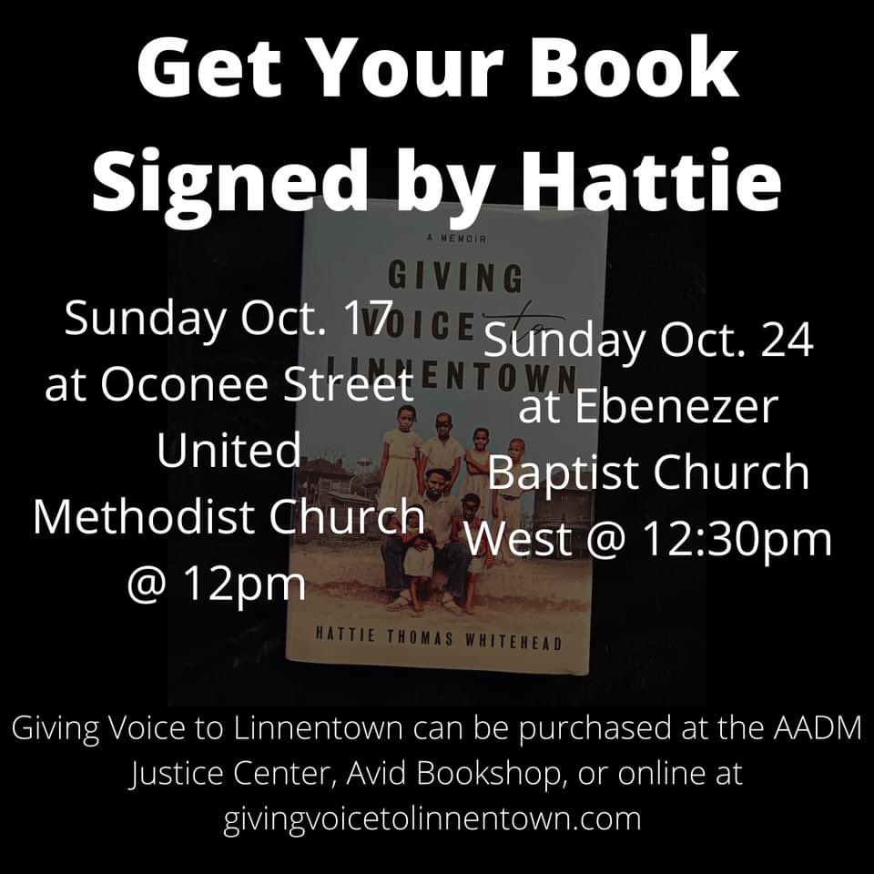 Happening today! Miss Hattie is signing books at Oconee St. United Methodist Church at 12pm #Linnentown #GivingVoicetoLinnentown #Memoir