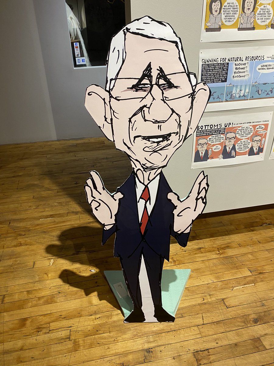 Mjoseth's tweet photo. @ArtBridgeport Political cartoonist Joe Fournier’s show at the Bridgeport Art Center is fab. Here’s a favorite! #faucifanclub #Fauci #NIH #NIAID #chicagotribune #science https://t.co/CuYamHEMBe