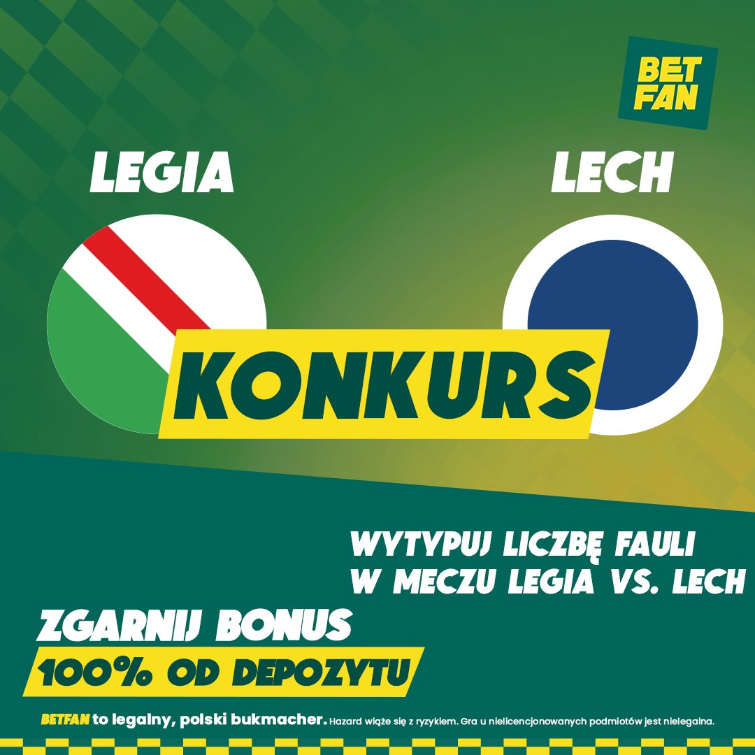 BETFANPL's tweet image. #KONKURS #bukmacherzy 💰
Zaobserwuj @BETFANPL✅, daj RT 🔄 i wytypuj w odpowiedziach ile fauli zobaczymy w meczu #LEGLPO 👊
Dla 𝐖𝐒𝐙𝐘𝐒𝐓𝐊𝐈𝐂𝐇, którzy trafią czeka BONUS 100% od depozytu do 100 zł! Czas macie do 17:30! 

#BETFAN #niegraszniewygrasz 🤟🌴
