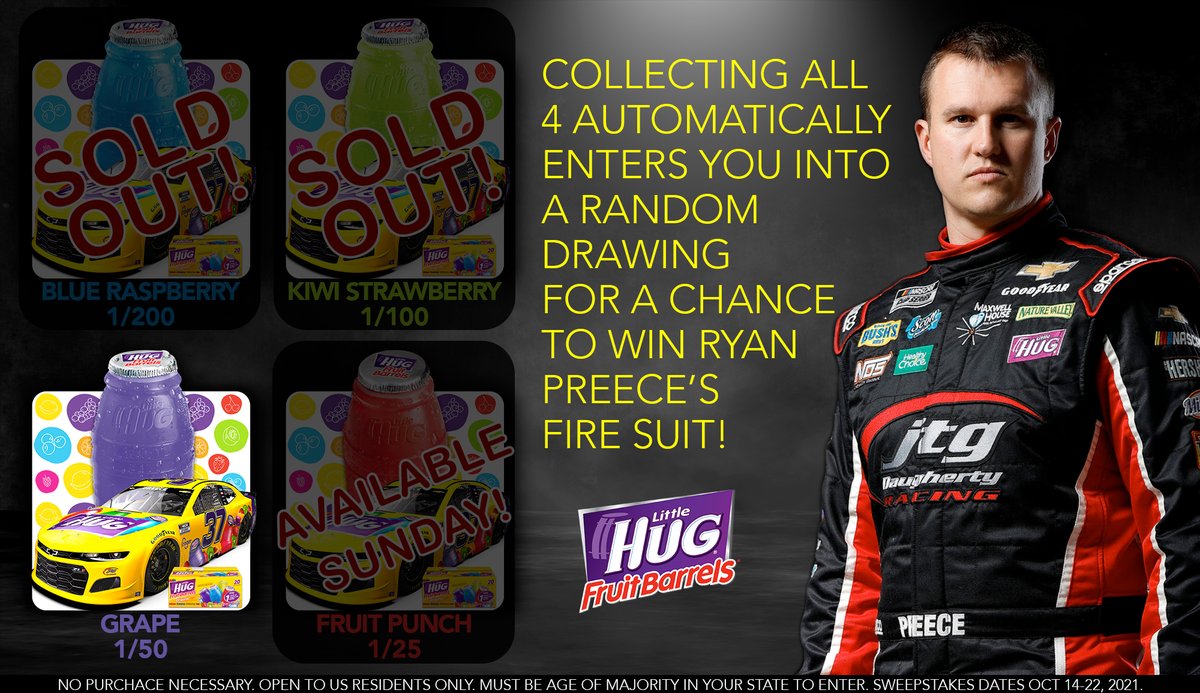 HYAKMotorsports's tweet photo. ‼️The third of 4 #LittleHug NFT digital collectibles goes LIVE at 11am ET! Only 50 GRAPE NFT's exist.
These will go FAST!
Claim LINK: https://t.co/aGzAAHRH8J
Collect all 4 NFT's in the set this weekend for a chance to WIN @RyanPreece_'s fire suit! #NASCAR https://t.co/NSnxBcqogs