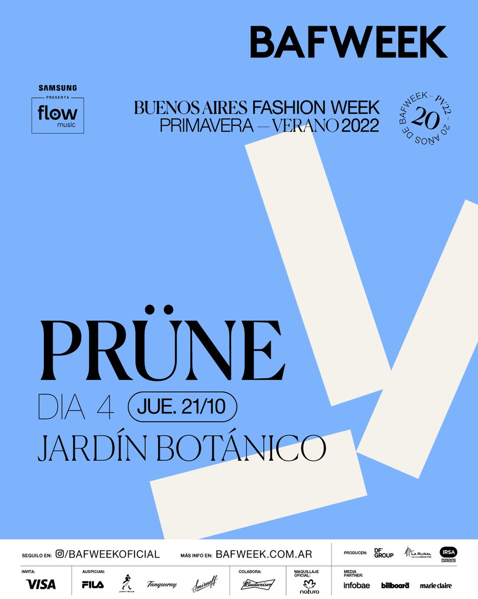 🌸 Este jueves 21/10, <a href="/pruneargentina/">PRÜNE Argentina</a> se rodeará de una flora rica en especies y dirá presente en esta nueva edición del #BAFWEEK desde el Jardín Botánico para dar a conocer las tendencias de la temporada primavera /verano 2022. 🌸 Atentos a las redes sociales de #BAFWEEK y Prune
