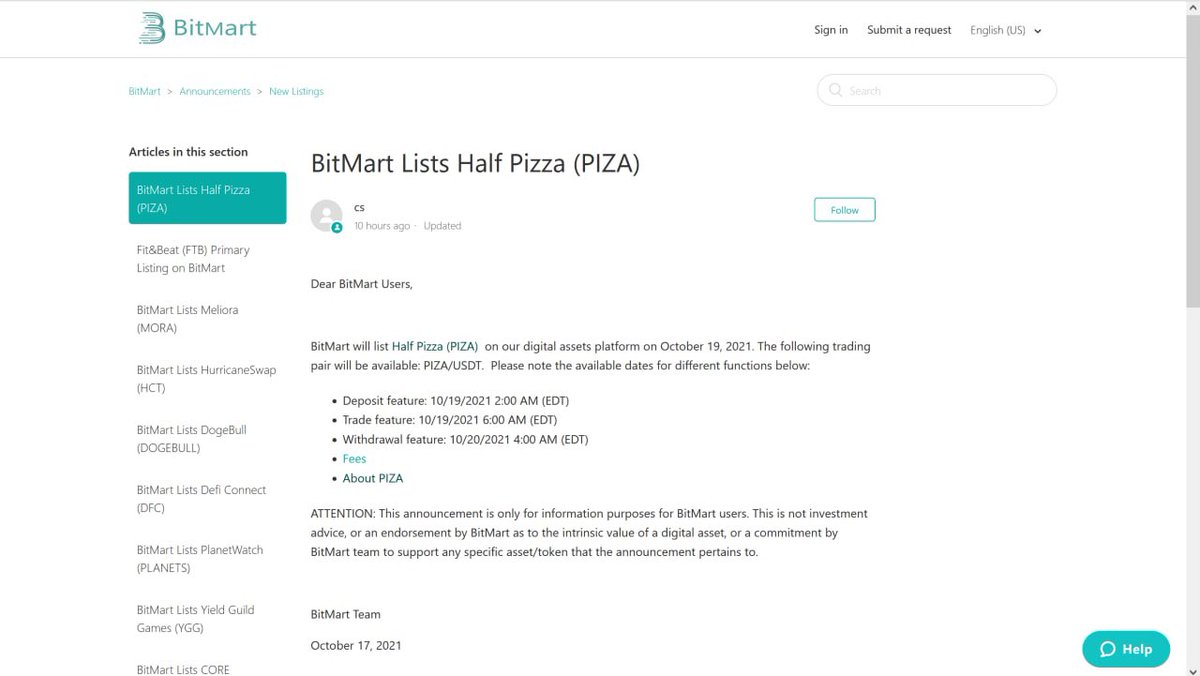 HalfPizza3's tweet photo. BitMart Lists Half Pizza（PIZA）on Oct 19th！

https://t.co/SfnEVc81Rk https://t.co/spKXKJlcM5