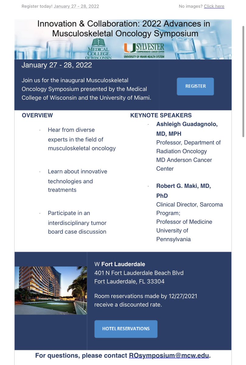 Hina Saeed, MD (@hinasaeedmd) on Twitter photo Mark the date 1/27-1/28/22 for MSK Oncology Symposium in Ft Lauderdale FL š
Organized my <a href="/DrMeenaBedi/">Meena Bedi</a> (<a href="/MedicalCollege/">Medical College of Wisconsin</a>) & <a href="/univmiami/">University of Miami</a>
Register: web.cvent.com/event/10346ae9ā¦
Guests: <a href="/ashleighg/">Ashleigh Griffiths</a> Robert Maki
#sarcoma Mark the date 1/27-1/28/22 for MSK Oncology Symposium in Ft Lauderdale FL š
Organized my <a href="/DrMeenaBedi/">Meena Bedi</a> (<a href="/MedicalCollege/">Medical College of Wisconsin</a>) & <a href="/univmiami/">University of Miami</a>
Register: web.cvent.com/event/10346ae9ā¦
Guests: <a href="/ashleighg/">Ashleigh Griffiths</a> Robert Maki
#sarcoma