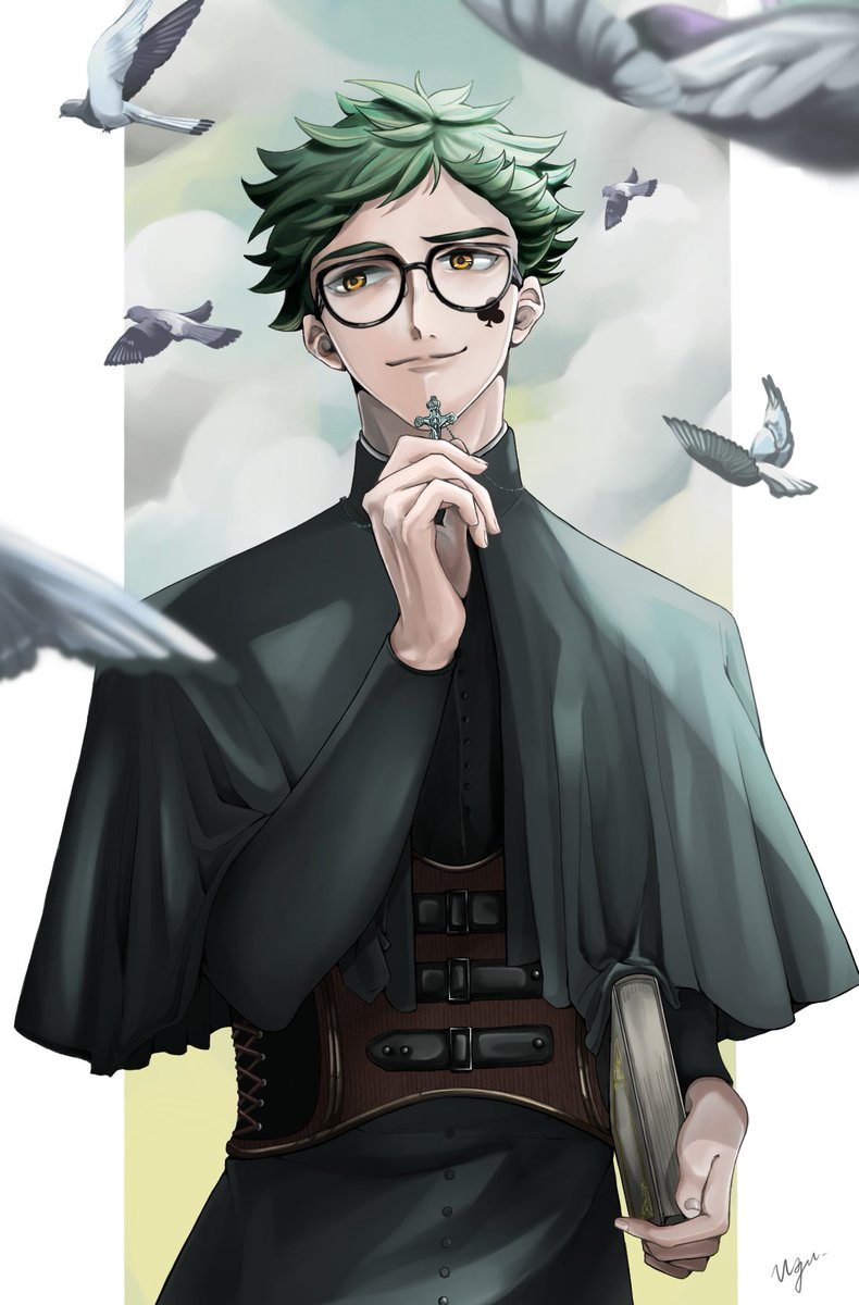 1boy male focus green hair book glasses holding bird  illustration images