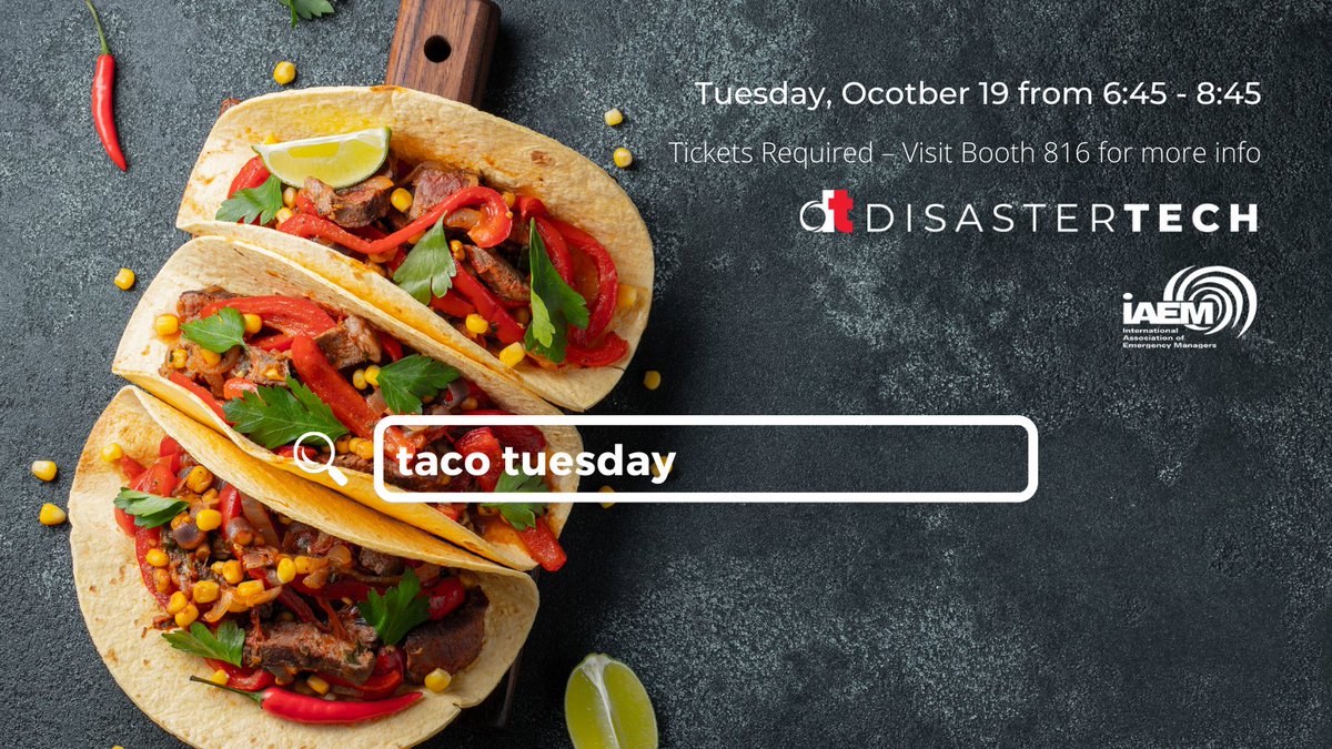pratus_ai's tweet photo. Let's #tacobout @disastertechinc's #happyhour at @atwaterbeer in Grand Rapids, MI this Tuesday, 10/19 from 6:45 - 8:45 🌮 Be sure to get your tickets at booth 816 #IAEM2021 https://t.co/uSowf8uTLm