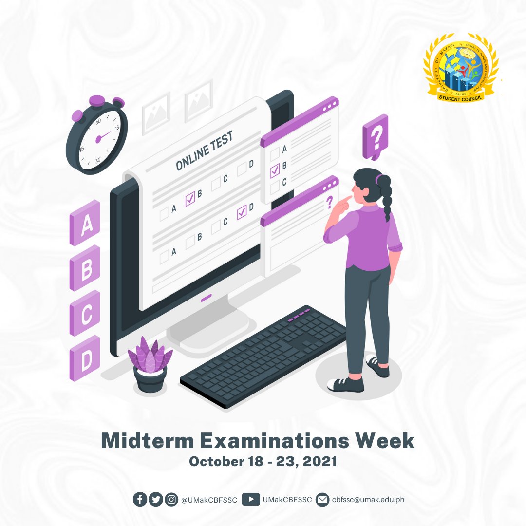 UMakCBFSSC's tweet photo. "You must tell yourself 'No matter how hard it is, or how hard it gets, I'm going to make it.'"
Midterm Examination Week | October 18 - 23, 2021
#UMakMidtermWeek
#CBFSNewNormal
#CBFSYourVoiceOurAction https://t.co/iOqL4YP9f5