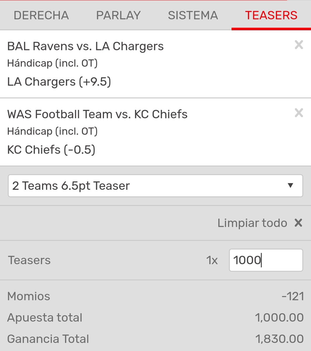 Sportsbetmaker1's tweet photo. #NFL Semana 6

6.5pt Teaser (-120)
Baltimore vs Los Ángeles
Washington vs Kansas City 

Chargers +9.5
Chiefs -0.5

#NFLTwitter
#NFLenPlaydoit https://t.co/C6DcIvNvOD
