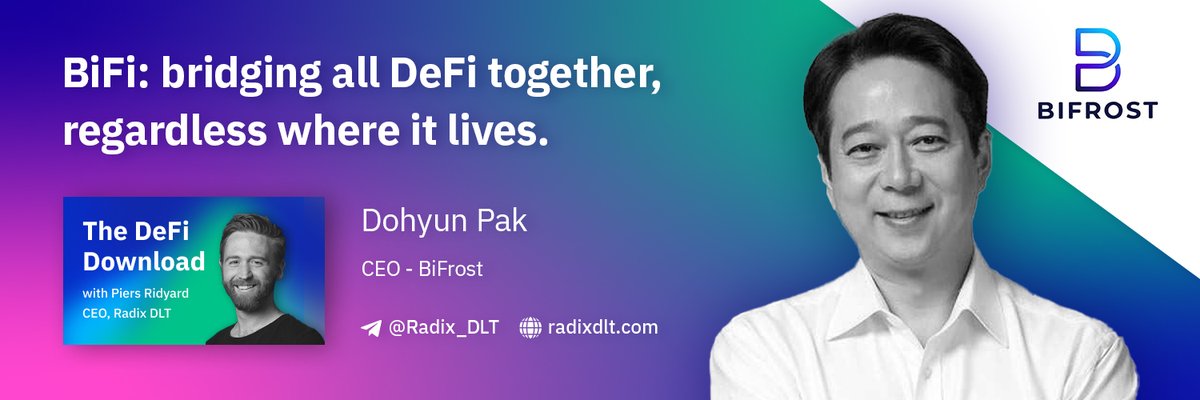 🎙️DeFi Download Podcast🎙️

This week <a href="/PiersRidyard/">Piers.xrd | RDX | Radix</a> is joined by the CEO of @BIFROSTio, Dohyun Pak! 

Topics Include
🔹What is BiFi?
🔹What can you lend on on BiFi? 
🔹Korean government's attitude to Crypto

Video: go.radixdlt.com/BiFiVideo
Audio: go.radixdlt.com/BiFiAudio

$XRD $BiFI