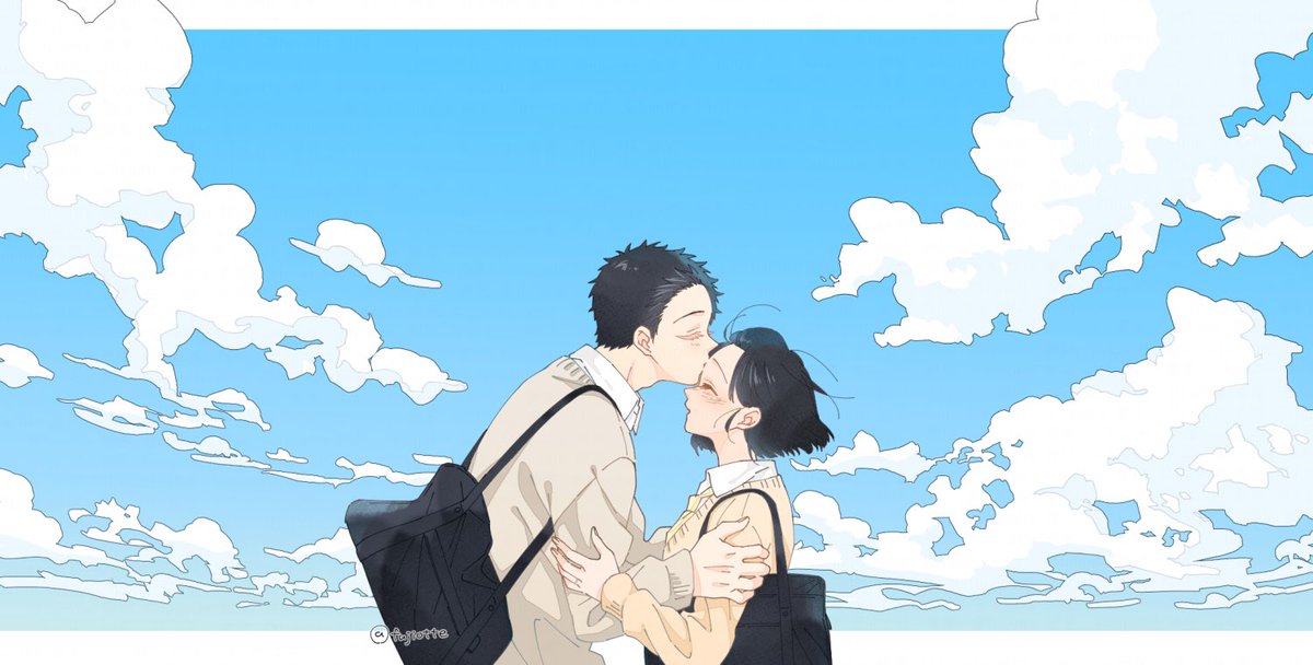 1girl 1boy hetero kiss cloud bag sky  illustration images