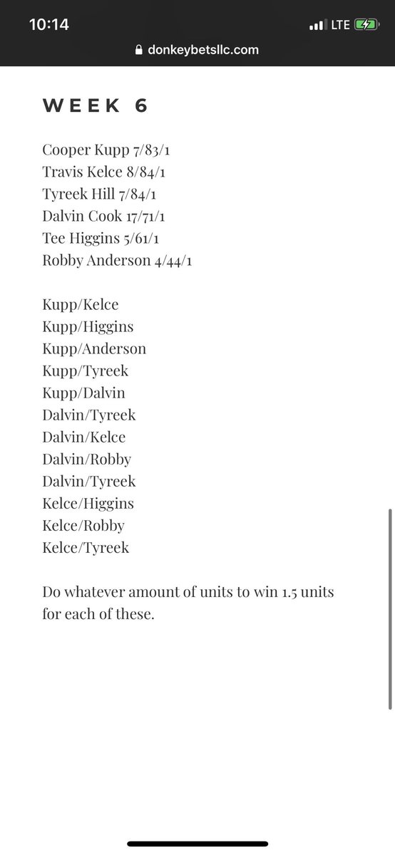 donkey_bets's tweet image. #nfl #nflpicks #GamblingTwitter plays and reasoning are on the website. These are all 6 leg parlays, receptions/carries, yards, td