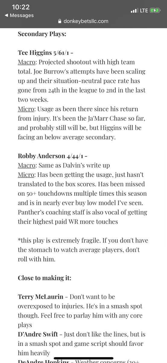 donkey_bets's tweet image. #nfl #nflpicks #GamblingTwitter plays and reasoning are on the website. These are all 6 leg parlays, receptions/carries, yards, td