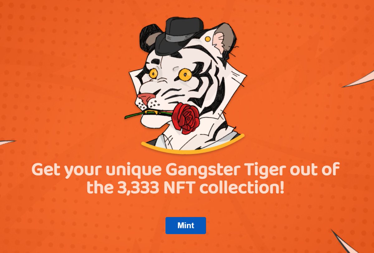 Minting is online!

Grab one while you can. 🥳🎉

Our website:
gangstertigers.com

#NFT #NFTs #NFTArtist #NFTartists 
#NFTCollector #NFTCollectors
#NFTCommunity #NFTDrop #NFTdrops #PolygonNFTs