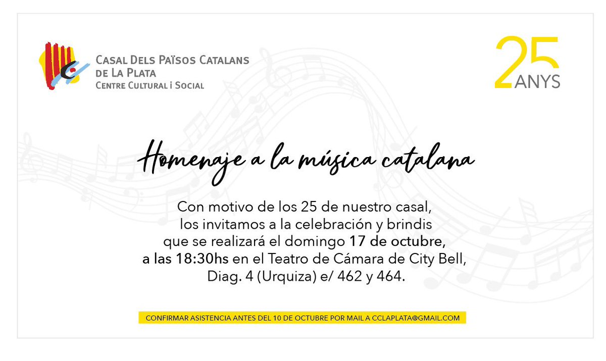 Per commemorar els 25 anys del <a href="/cclaplata/">Casal Català LP/Arg</a> avui ens trobarem al #TeatroCamaraCityBell #LumenArtis <a href="/LaPlataMLP/">Municipalidad de La Plata</a> (18h30 Arg) per celebrar-ho amb un homenatge a la música catalana. <a href="/Catexterior/">La Catalunya exterior</a> <a href="/exteriorscat/">Unió Europea i Acció Exterior</a> <a href="/govern/">Govern de Catalunya</a>