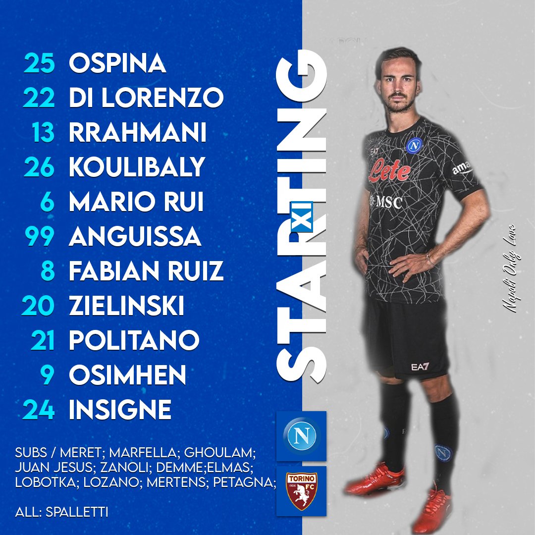 NapoliOnly's tweet photo. Questa la formazione ufficiale di Luciano Spalletti in vista del Torino

#NapoliToro #SerieA #Meret #Ospina #DiLorenzo #Rrahmani #Ghoulam #Koulibaly #MarioRui #FabianRuiz #Demme #Anguissa #Lozano #Politan #Zielinski #insigne #Ounas #Osimhen #Mertens #Spalletti #ForzaNapoliSempre https://t.co/YMN2qwIyvn
