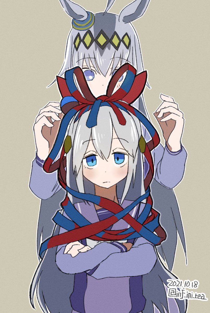 oguri cap (umamusume) ,tamamo cross (umamusume) 2girls multiple girls animal ears horse ears crossed arms grey hair blue eyes  illustration images