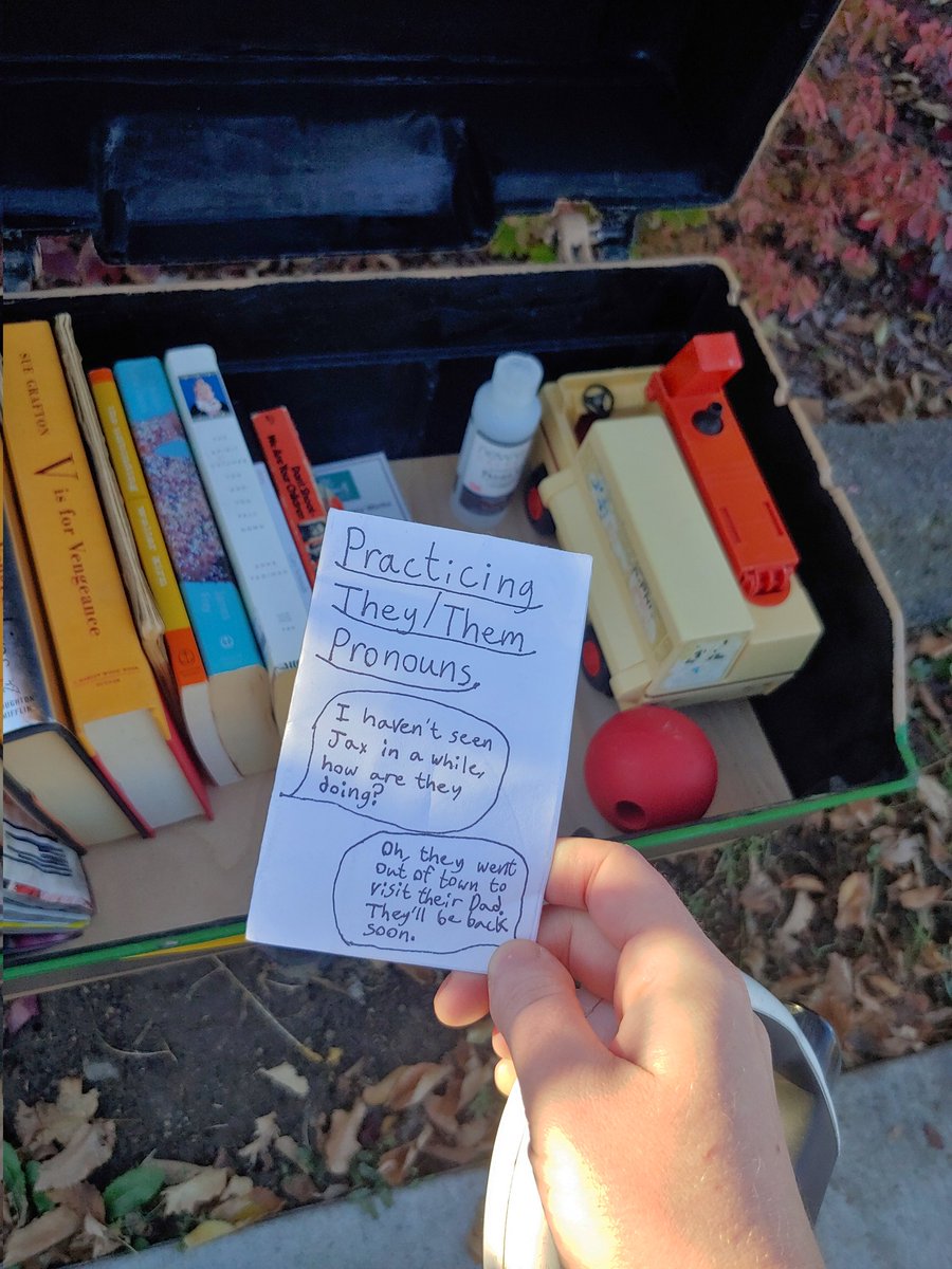 A white person's hand holding a small zine titled "Practicing They/Them Pronouns". In the background is an assortment of books and objects inside a little outdoor cubby