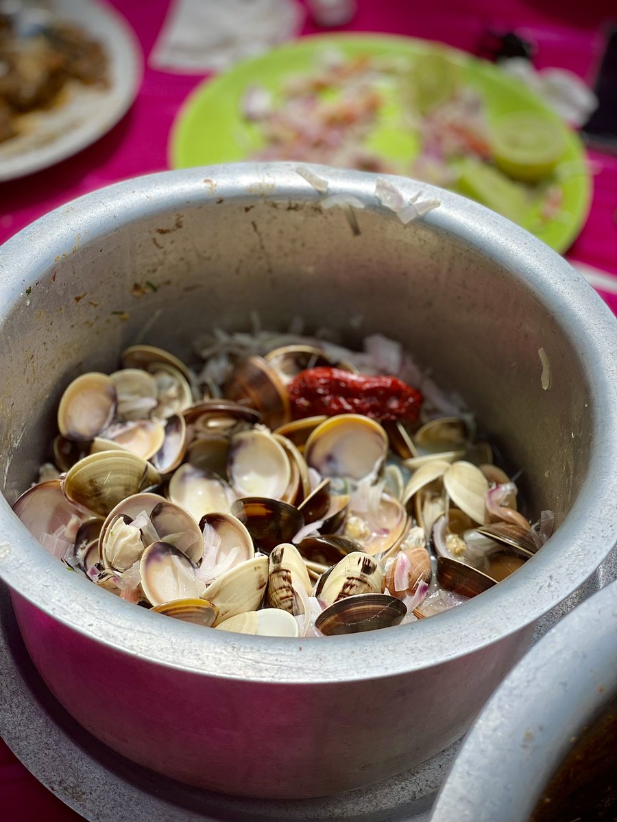 ChefTZac's tweet photo. Remember those clams we caught with our feet in the Sal river? We turned them into a simple but comforting pot of Steamed Clams with just onion, red chillies, and lime. There’s such a stronger connection with your food when you’ve seen where and how it’s sourced. #COTRGoa https://t.co/JrJSgzAlPb