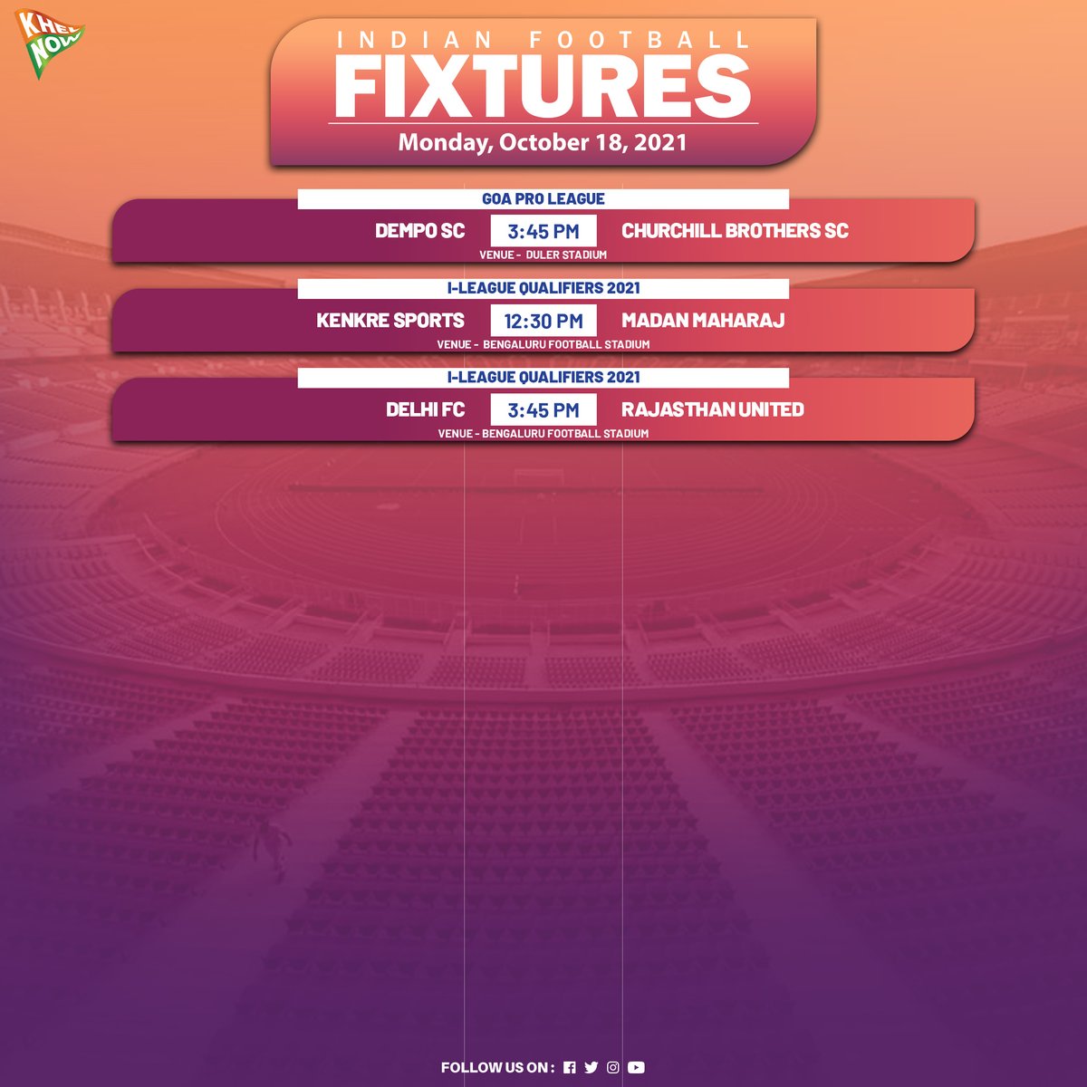 KhelNow's tweet photo. The #ILeagueQualifiers 2021 resume with the final round today while @demposcofficial are in action in the #GoaProLeague 💥⚽️
Check all fixture details here 👇
#IndianFootball #HeroILeague #ILeague #ILeagueQualifiers #HILQ #HILQ2021 #GPL https://t.co/dDMz17yrsn