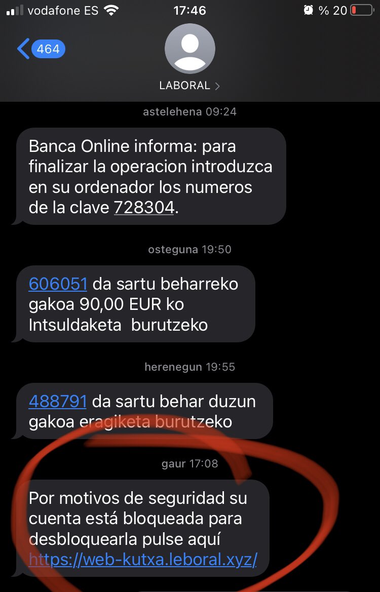linobellum's tweet photo. @LABORALkutxa he recibido este sms DESDE EL MISMO NÚMERO con el que mandáis vuestras comunicaciones para verificar operaciones y demás. 
Houston, tenemos un problema... https://t.co/U8X5Hds3N8