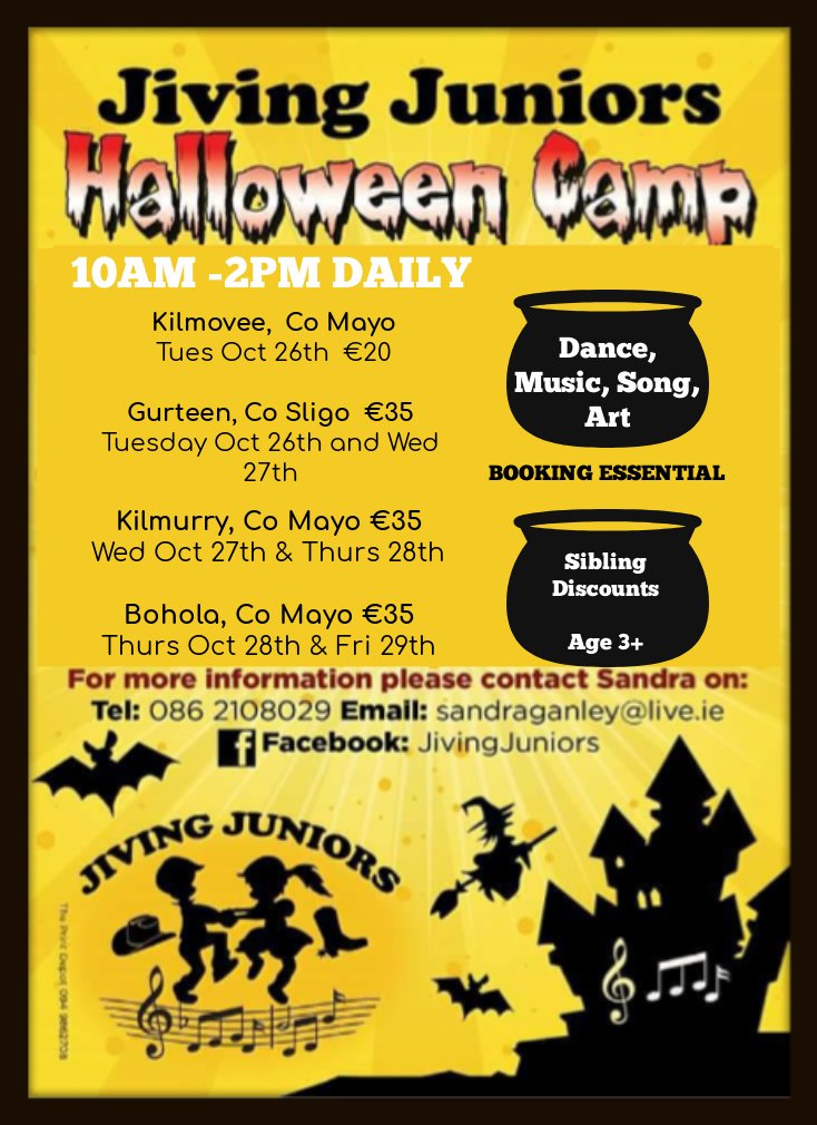 🎃 HALLOWEEN CAMPS 🎃

- Limited spaces available
- Daily rate available 
- Spaces available in Gurteen, Bohola and Kilmovee
- Kilmurry Fully booked ✖
