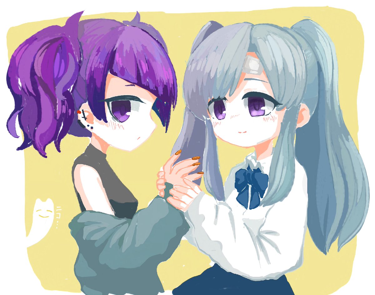 tanaka mamimi ,yukoku kiriko multiple girls twintails 2girls purple eyes purple hair diagonal bangs grey hair  illustration images