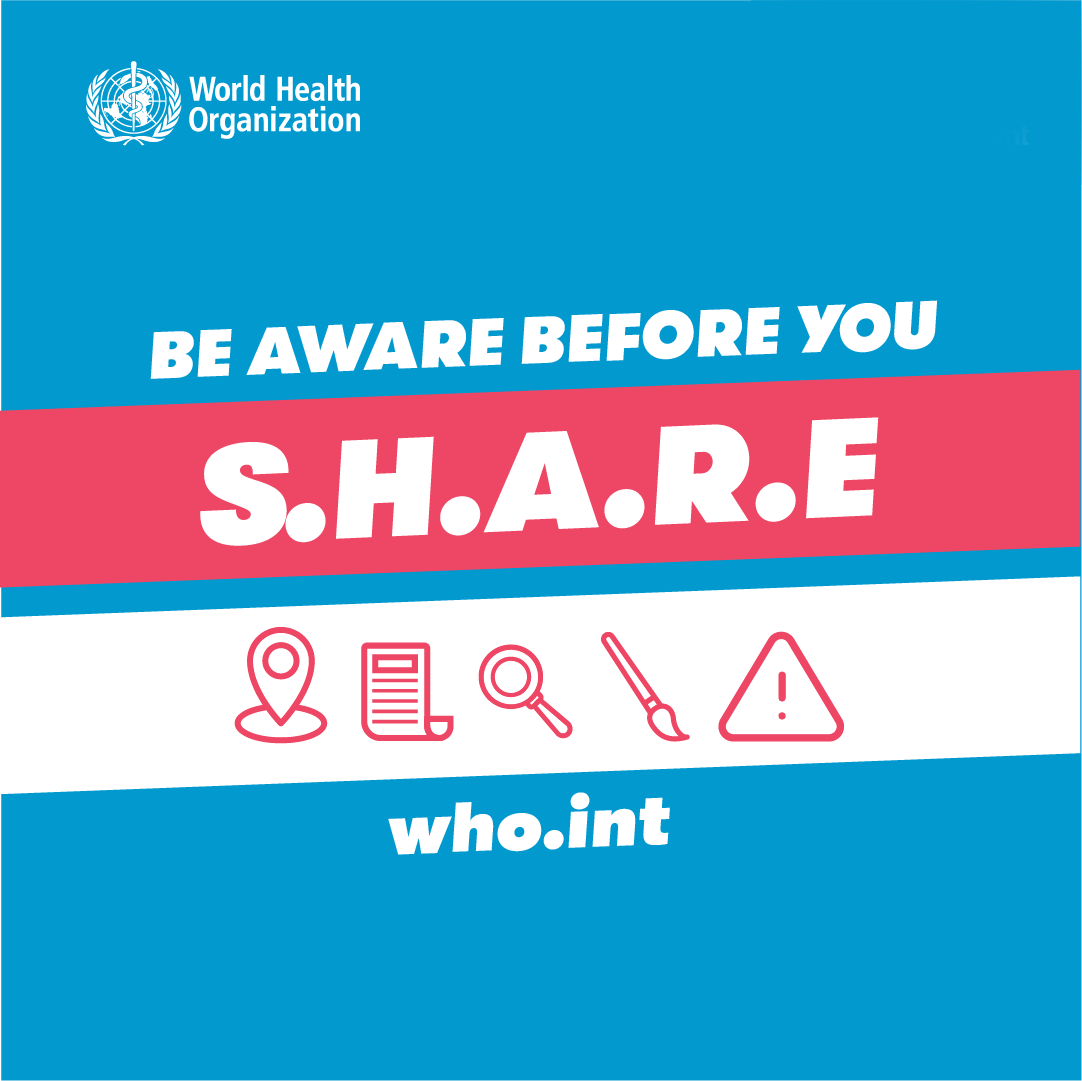 Protect your friends from false information about #COVID19, vaccines and more.

Join the #CheckBeforeYouShare campaign 👇

1⃣ Download assets here: bit.ly/WHOSHAREassets 
2⃣ Share them on your #socialmedia channels
3⃣ Invite others to join and help us fight the infodemic