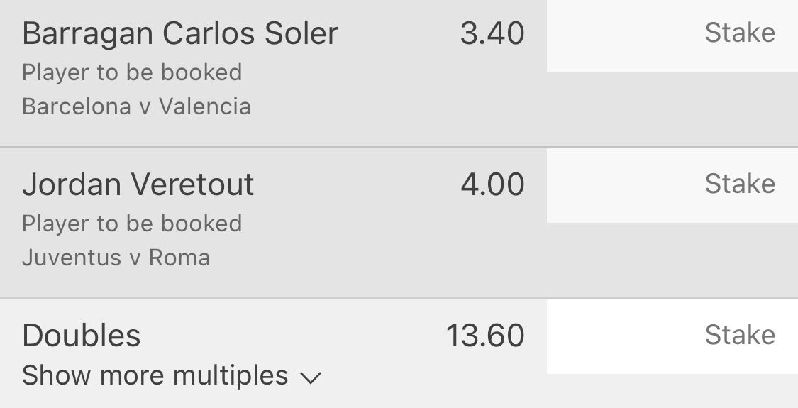 Amigo_Classics's tweet image. Barcelona vs Valencia + Juventus vs Roma cards double and cards betbuilder 🇪🇸🇮🇹

18+ -gambleresponsibly

#BARCAVALENCIA #JuveRoma #LaLiga #SerieA
