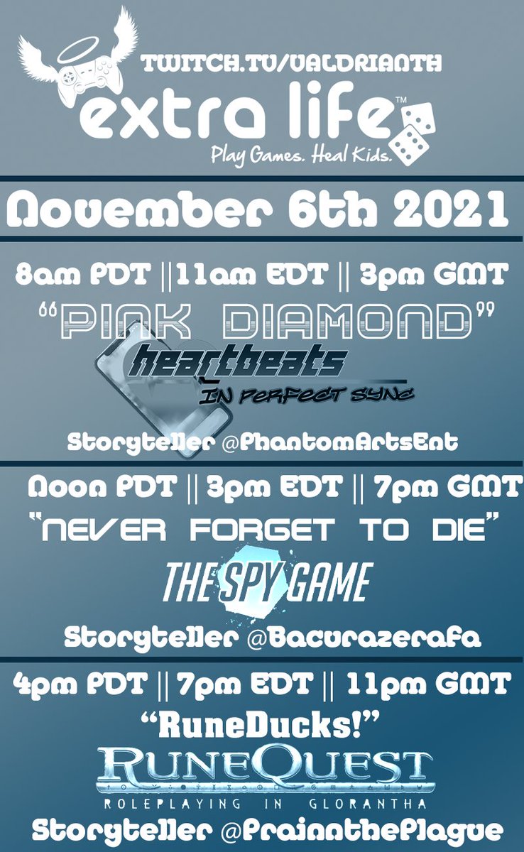 On November 6th! 

<a href="/PhantomArtsEnt/">The Neon Caster 🎙 Shifting to BSky</a> will be running their own system, Heartbeats In Perfect Sync! 

<a href="/BacuraZerafa/">Philip Bailey</a> will be running #TheSpyGame

<a href="/Prainntheplague/">Anthony Gonzalez</a> will be running #RuneQuest! (As ducks?!)

#ExtraLife <a href="/ExtraLife4Kids/">Extra Life</a> #actualplay #twitch
