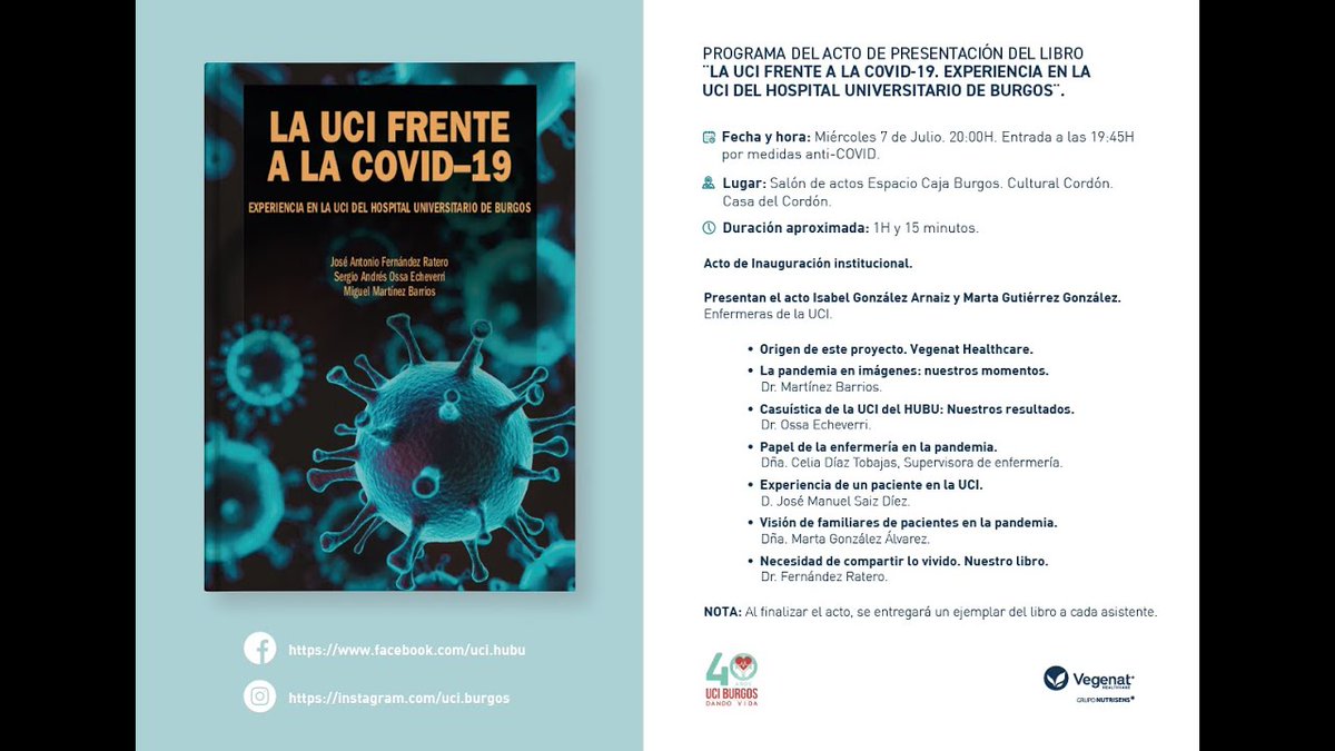 Os ofrecemos, gracias a la colaboración de @vegenatHC , el vídeo íntegro con el acto de presentación del 7 de Julio del libro "La UCI frente a la COVID-19. Experiencia en la UCI del Hospital Universitario de Burgos"
youtube.com/watch?v=c2Ytdw…