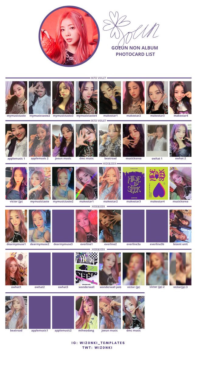 purple kiss into violet / hide & seek photocard template list