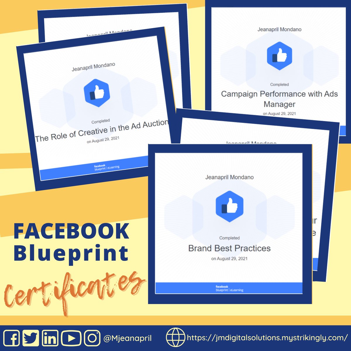 MJeanapril's tweet photo. 👍Thanks to FB Blueprint for offering online courses with certificates, which allows me to enhance my skills.
✔️Book an Appointment, click here: https://t.co/kD7qXObrYU 
#jmdigitalsolutions #virtualassistant #graphicdesign
📧 jeanaprillmondano@gmail.com
🌐 https://t.co/CnWH0bV8Ka https://t.co/UozXKXZwlZ