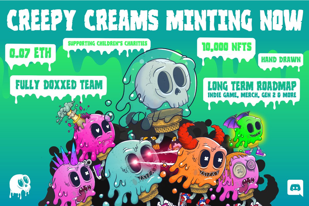 Minting is LIVE and we're revealing in a few hours.

🔥To celebrate we're giving away a free NFT🔥

ALL YOU HAVE TO DO IS RT THIS POST TO ENTER, THAT'S IT!

We want to support our #NFTCommunity. If you minted a creepy cream YOUR ENTRY WILL BE TRIPLED 

Winner announced in 24 hrs