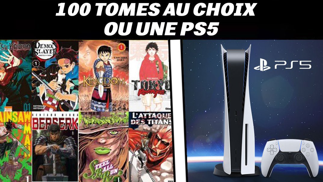 cpastibo's tweet image. Salut les reufs, ÉNORME concours pour vous 🎁 

100 TOMES AU CHOIX ou UNE PS5 

Pour participer:

🔁 RT + LIKE
↪️ FOLLOW @BayramTus @cpastibo et @Bartotty 

📅 Tirage au sort dans 7 jours (le 24/10)