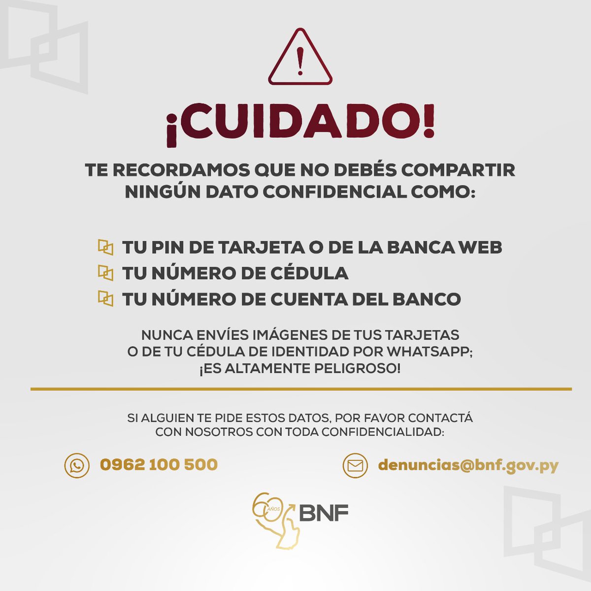 CERTpy's tweet image. 📧⚠️Cuidado con los correos falsos que aparentan ser de bancos nacionales, se trata de Phishing!
✅Verificá siempre la URL o dirección
🔎Nunca ingreses datos ni contraseñas en sitios desconocidos
👨‍💻Ante la duda, contactá siempre a tu banco!
Comparte esta alerta! 📣📢