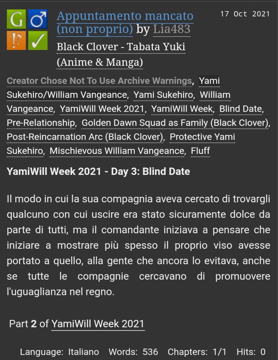 seijoh_lia's tweet photo. Day 3: Blind Date ♡
Link: https://t.co/3Mh1HMM443
#YamiWillWeek #yamiwillweek2021 #yamiwill #yamisukehiro #williamvangeance #BlackClover #italianfanfic https://t.co/IGH5pFU6hA