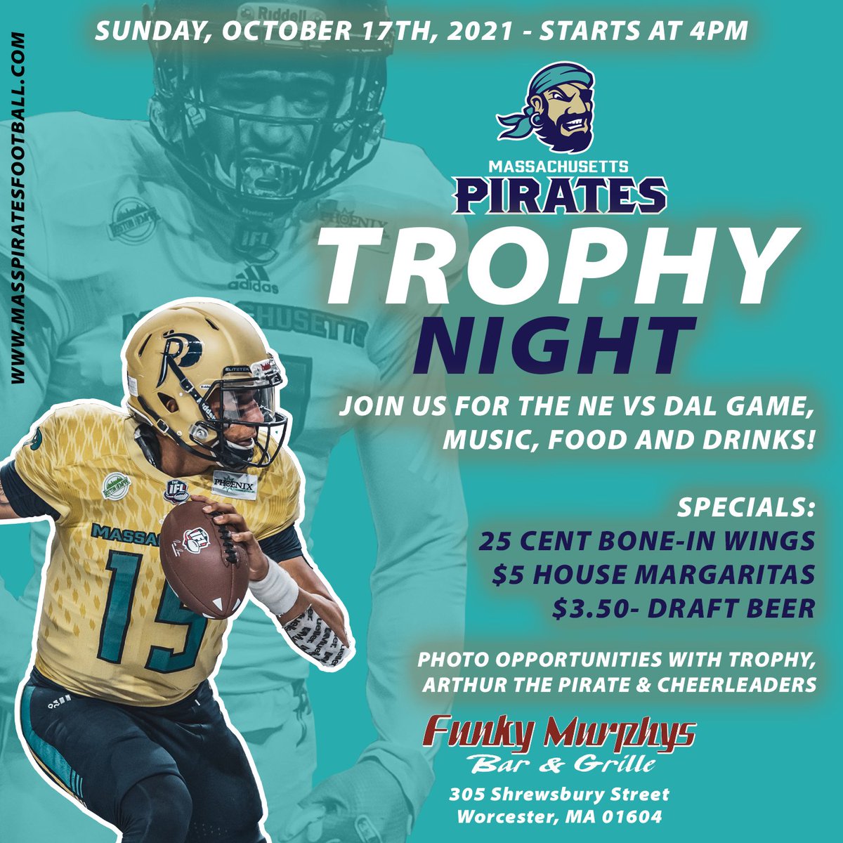 OrlPirates's tweet photo. TONIGHT 🏆🏈

Come catch some great @NFL action, while hanging out with the Pirates, Pirate Nation, and the United Bowl trophy 🏴‍☠️ Great music, food and drinks are waiting at #FunkyMurphys ☠️ #AllAboard https://t.co/xnNo8MHIO2