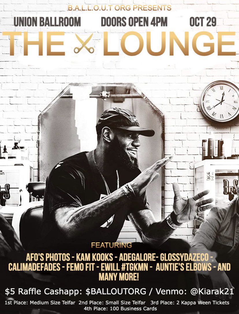 sydnnierella's tweet photo. THE ✂️ LOUNGE 

featuring:

Headshots 📸 @_That_African 

Food 🤤 @kamkooks 

Workout 💪🏾 @thatboyfem 

Lipgloss 💄@caradaze 

Du rag @E_Will116 

Haircuts 💈@calimadeayo   

And More!! 

@kingjames @KDTrey5 @richkleiman @boardroom @uninterrupted @mavcarter #BALLOUTORG @BALLOUTORG https://t.co/140CJbMu6R