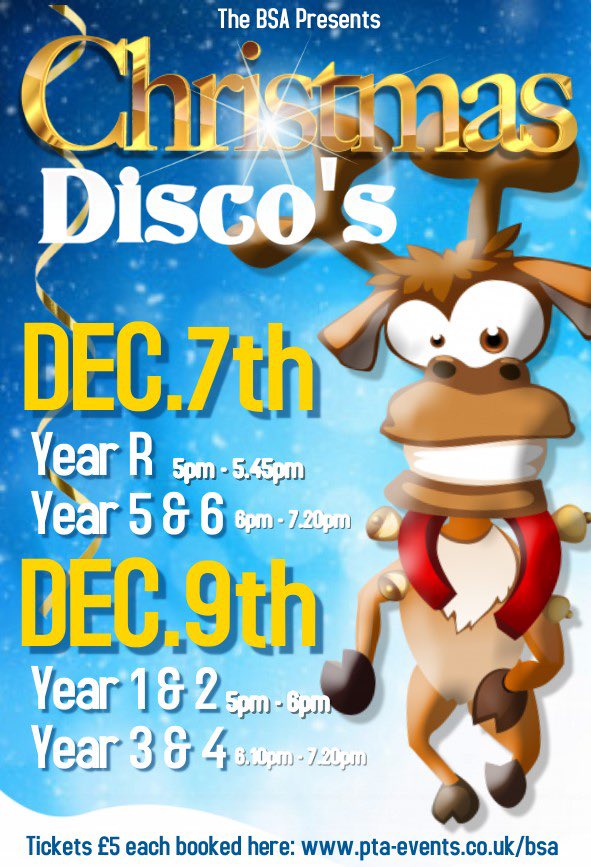 Disco tickets are now live!

We are so thrilled to be bringing these back to Berrywood and for the children of Year R, Year 1 and Year 2 I believe these will be their first ever school discos! 💃🕺🏻

pta-events.co.uk/BSA