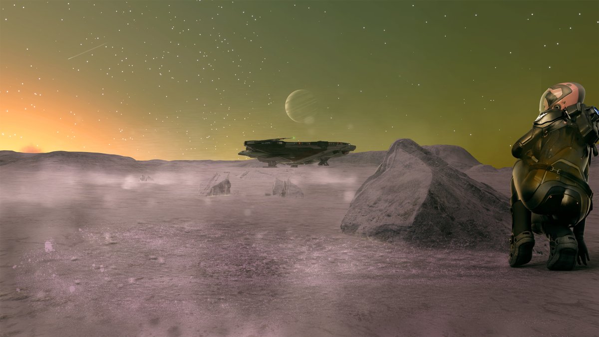 CMDR_FOSDYKE's tweet photo. Pilot's left the ship, sunset is coming and a storm dust on the way, time to steal that ship. @EliteDangerous
#conceptart #shipboarding #newgameplayloop https://t.co/Xe4Xz7jWAn