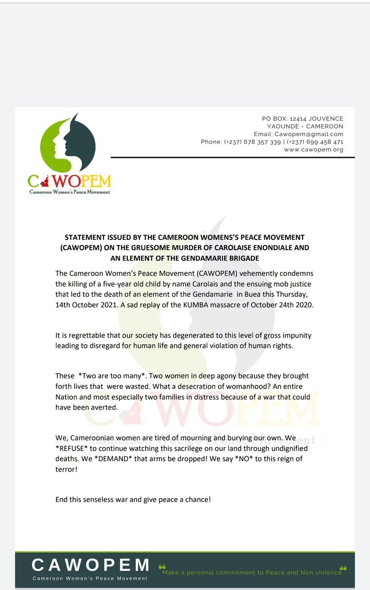 #CAWOPEM statement on the murder of a four year old baby on her way to school n a member of the Gendarmerie in Buea on Thursday 14th October 2021. As women peace builders we will like to reiterate our stance on finding lasting solutions to this crisis. The time for peace is now !