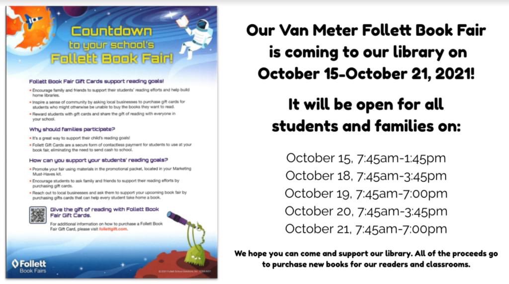 Our <a href="/vanmeterschools/">Van Meter Schools</a> @FollettLearning Book Fair is open in our <a href="/vanmeterschools/">Van Meter Schools</a> library! 🎉

We hope you can come and support our library. All of the proceeds go to purchase new books for our readers and classrooms. 

Thank you. ❤️📚

#vanmeter