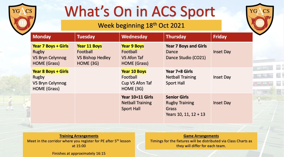ACS Sport, Health & Well-Being (@acs_sport) on Twitter photo ‼️What’s on this Week‼️
WB 18th Oct 2021
A big emphasis on @Year7ACS and <a href="/Year8_ACS/">ACS_Year8</a> remembering their kit for tomorrow as we entertain <a href="/BrynCelynnogPE/">Bryn Celynnog PE Department</a> .
Our <a href="/WelshSchoolsFA/">Welsh Schools' F.A.</a> Cup run continues with Year 10 facing <a href="/ATHS_PE/">Afon Tâf PE</a> on Wed in R2 of the regional qualifiers.
#TeamACS ‼️What’s on this Week‼️
WB 18th Oct 2021
A big emphasis on @Year7ACS and <a href="/Year8_ACS/">ACS_Year8</a> remembering their kit for tomorrow as we entertain <a href="/BrynCelynnogPE/">Bryn Celynnog PE Department</a> .
Our <a href="/WelshSchoolsFA/">Welsh Schools' F.A.</a> Cup run continues with Year 10 facing <a href="/ATHS_PE/">Afon Tâf PE</a> on Wed in R2 of the regional qualifiers.
#TeamACS