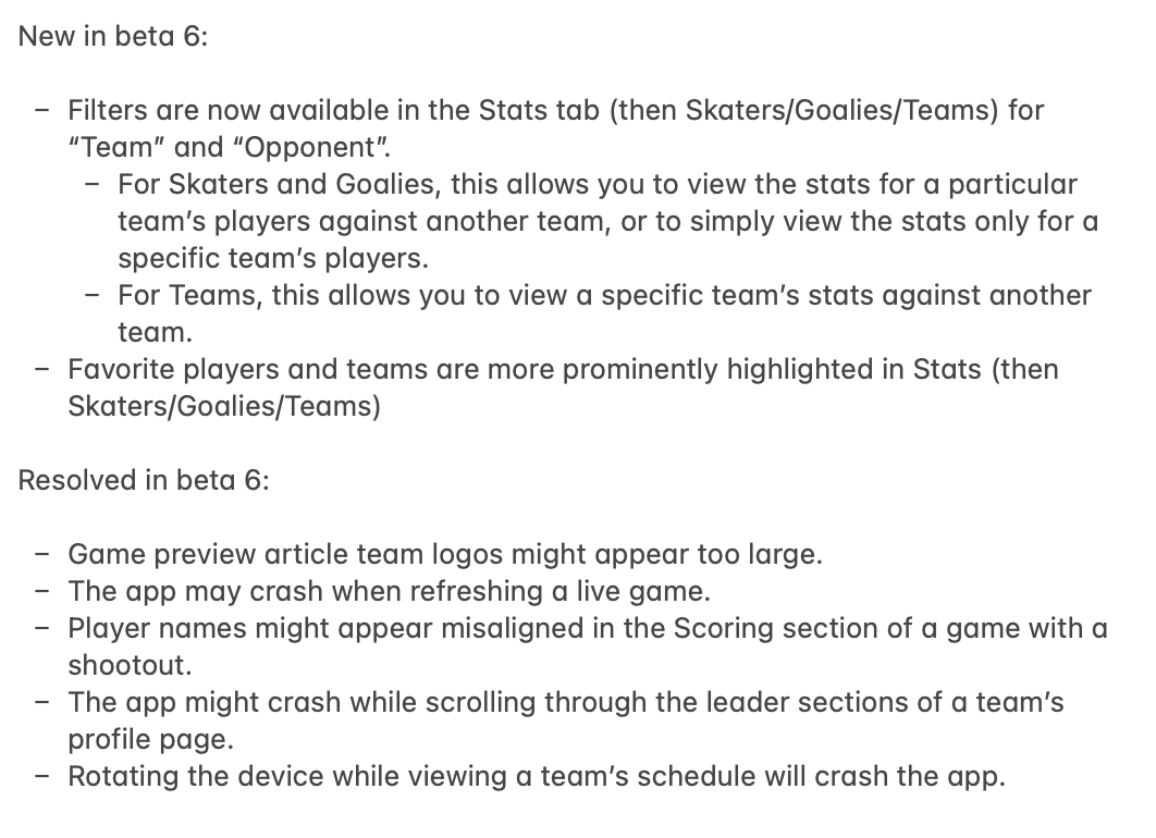 Beta 6 is now available through TestFlight! A few additions to Stats and some tweaks and crash fixes:
