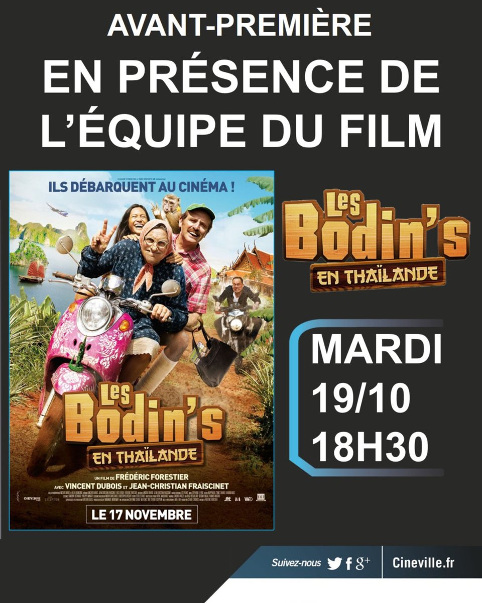 🔴 Il reste encore des places, mais ne tardez pas trop 😀
[Avant-première] Les Bodin's en Thaïlande
⭐️ [Avant-première] Les Bodin's en Thaïlande, en présence de l'équipe du film
▶️ Mardi 19 octobre - 18h30
⭕ Réservez vos places : bit.ly/3lOPnkR