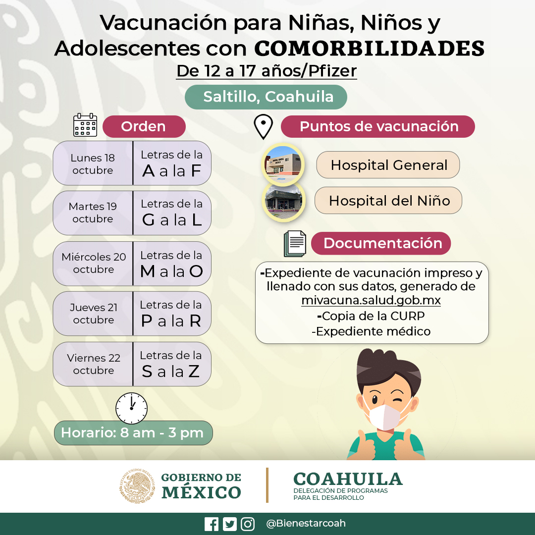 Este lunes arrancamos con la aplicación de la primer dosis de la vacuna contra COVID-19 a niños y adolescentes de 12 a 17 años con comorbilidades en #Saltillo.