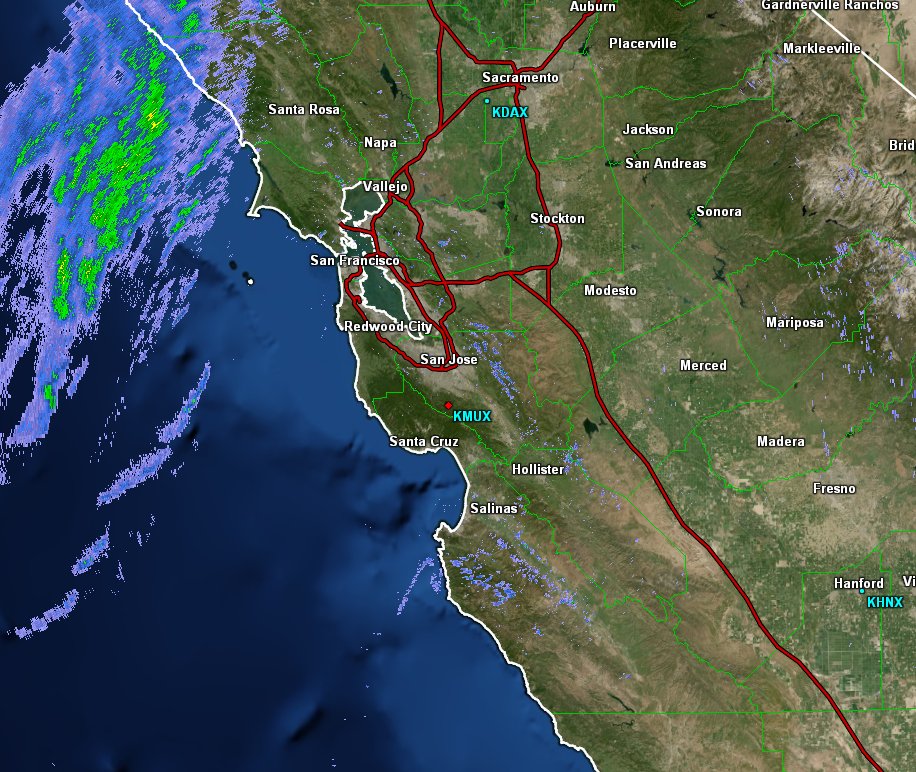 NWSBayArea's tweet photo. 3:30 PM Rain showers moving into the northern parts of Sonoma County! This band will move southward, and give much of the Bay Area and Central coast some nice rain tonight. Be careful when driving on wet roads! #cawx https://t.co/usrPGyWumB