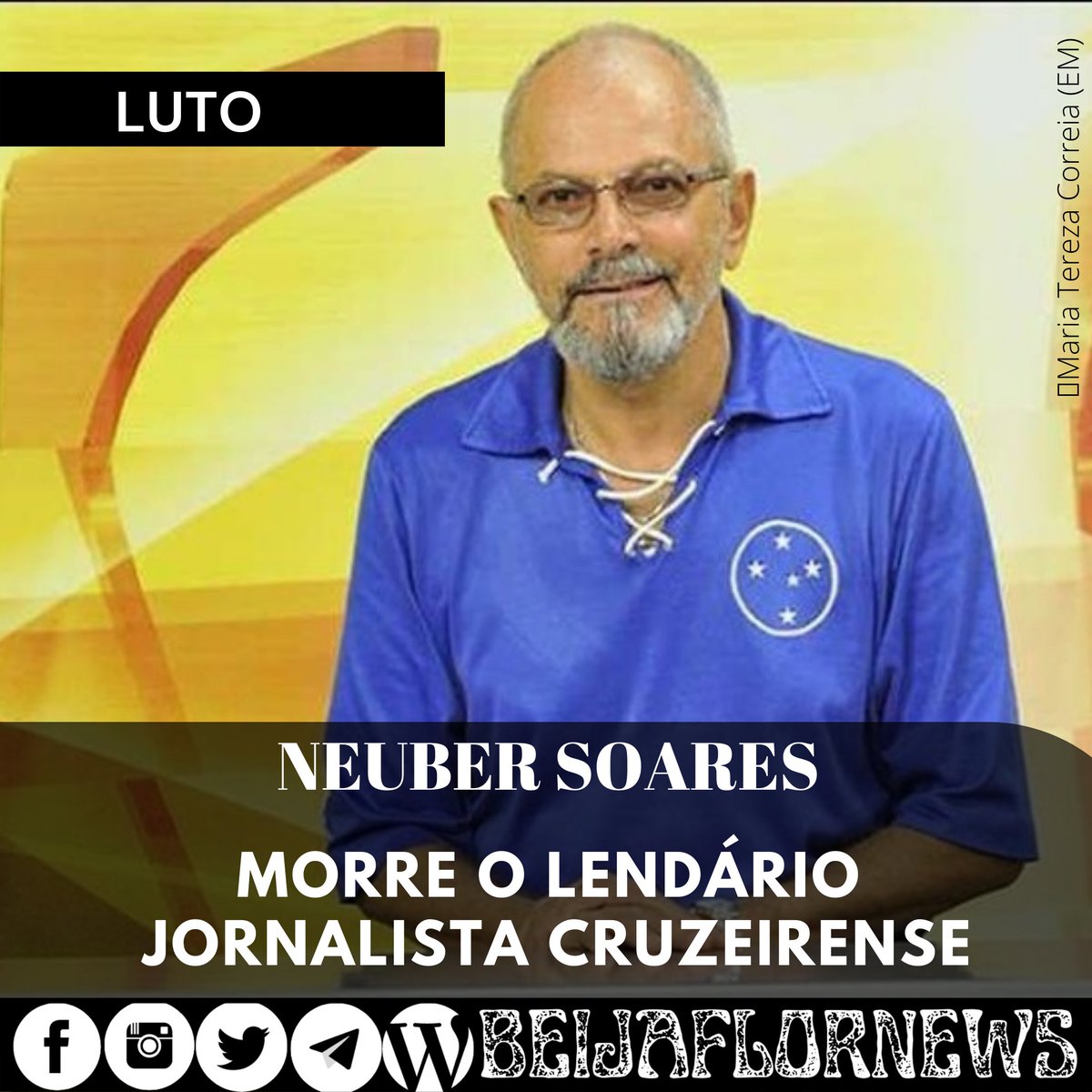 O jornalismo esportivo perdeu Neuber Soares, o eterno defensor do #Cruzeiro na bancada do 'Alterosa Esportes', vítima de um infarto fulminante. Em respeito ao mesmo, sua foto não será conferida em preto e branco, como o habitual, por razões óbvias. #neubersoares  #alterosaesporte